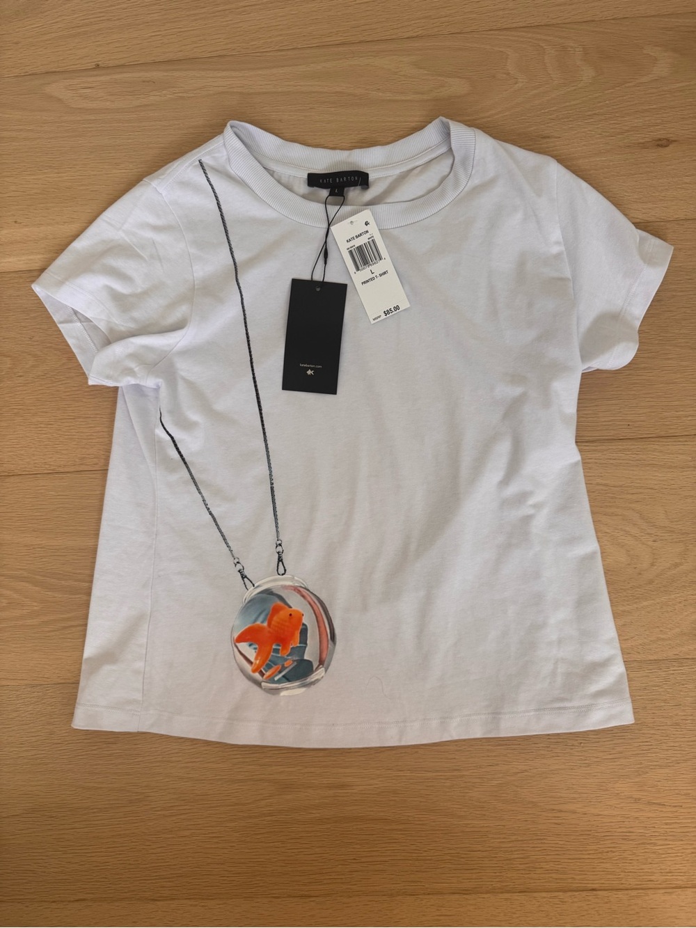 Kate Barton White Short Sleeve Graphic Tee with Fishball Pendant Print